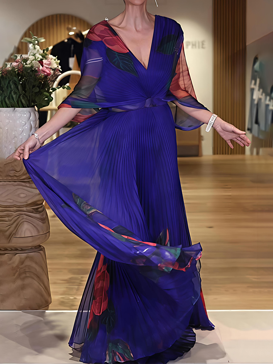 Elegant Floral Printed Pleated Maxi Dress