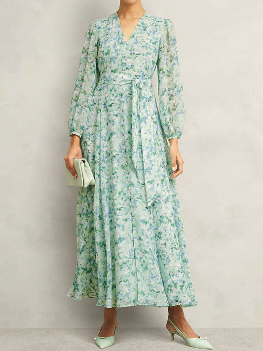 Printed V Neck Tie Belted Dress