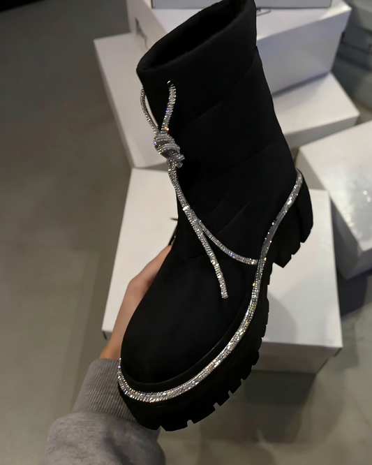 Black Sparkling Lace-up Ankle Boots