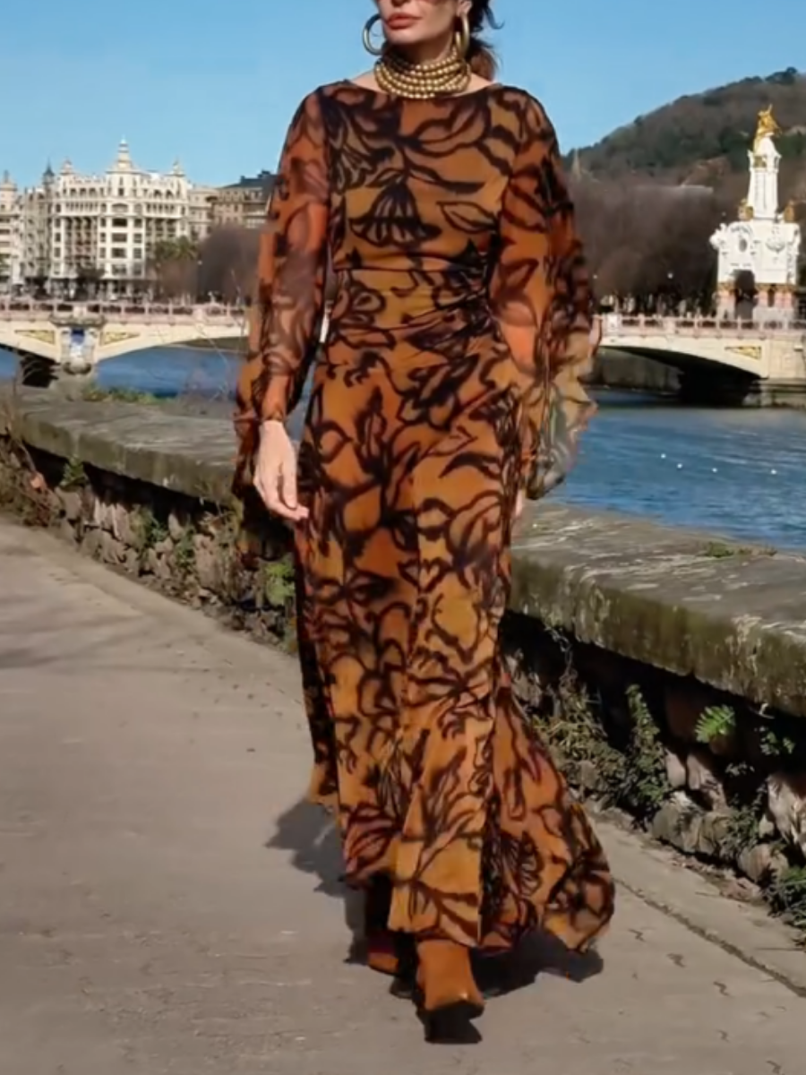 Elegant Wide Sleeve Printed Maxi Dress