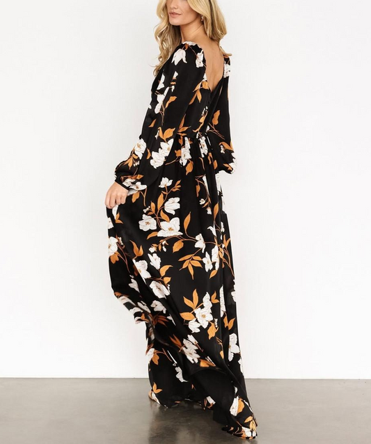 Chic Floral Print Long Sleeve V-Neck Maxi Dress