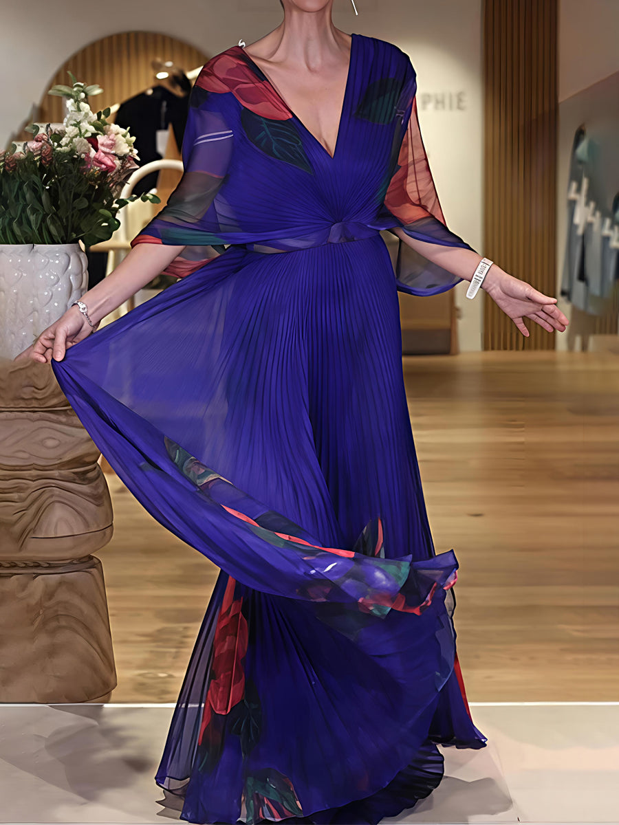 Elegant Floral Printed Pleated Maxi Dress