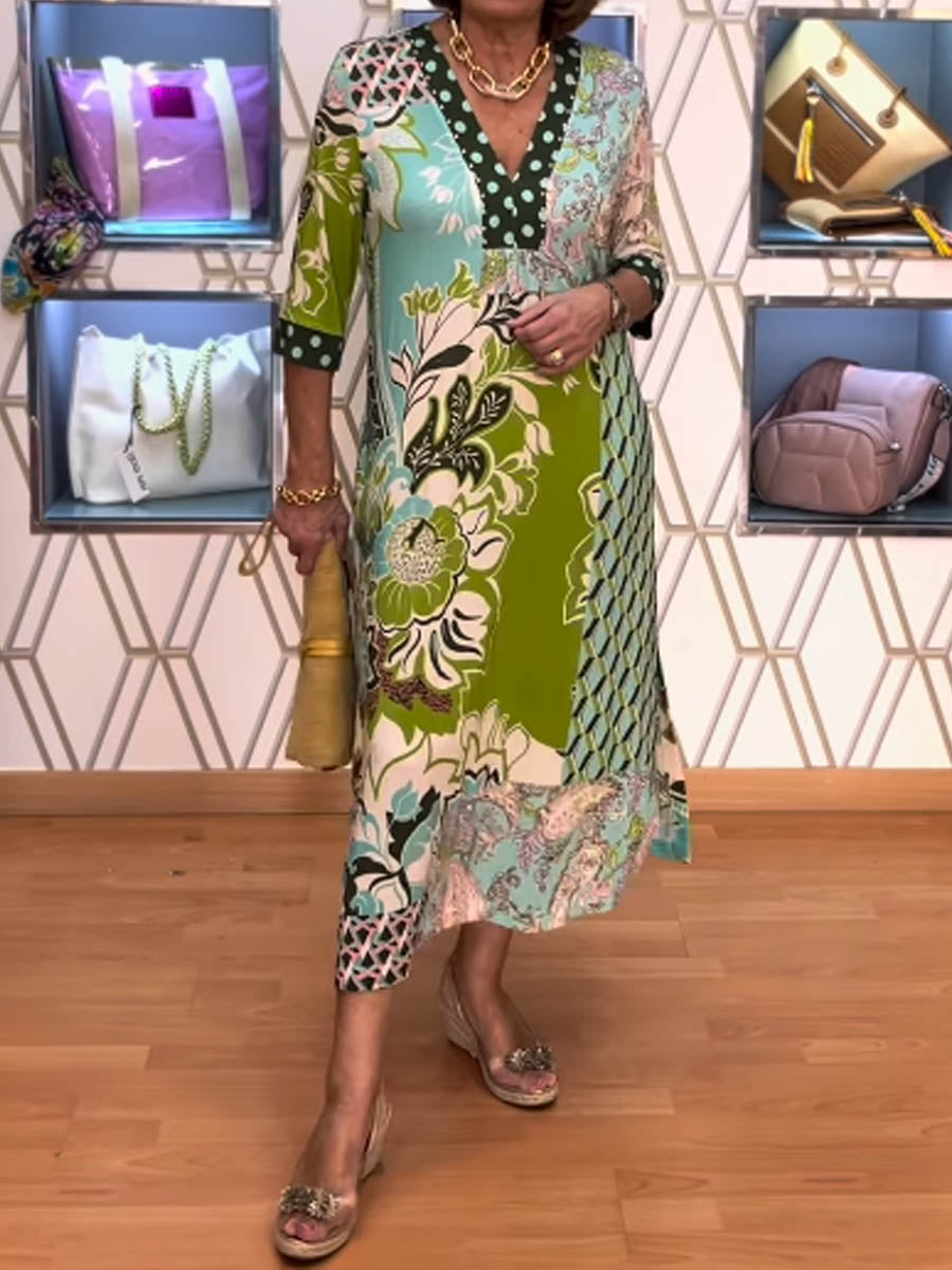 Fresh Printed 3/4 Sleeve V-Neck Dress