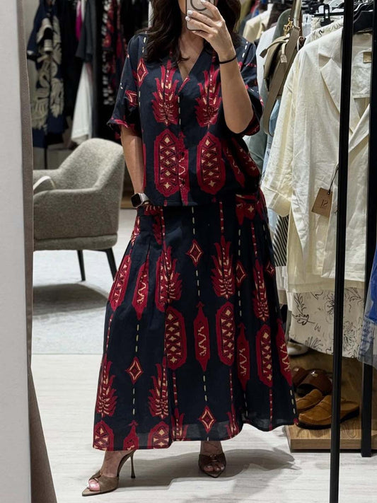 Black and Red Ethnic-inspired Print Two Piece Dress