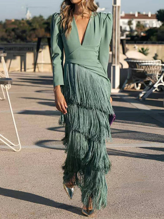 Deep V Neck Tassel Hem Dress