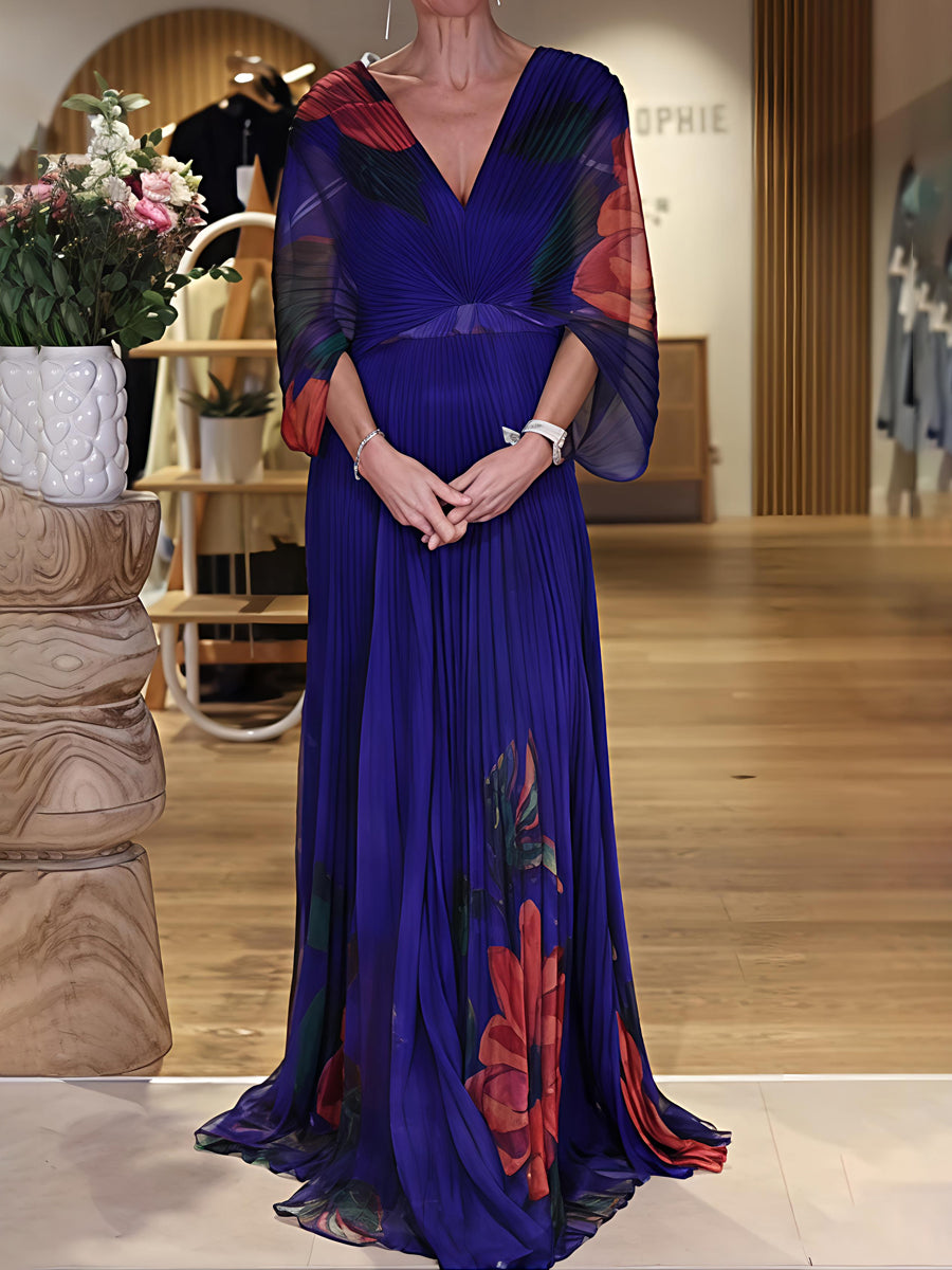 Elegant Floral Printed Pleated Maxi Dress