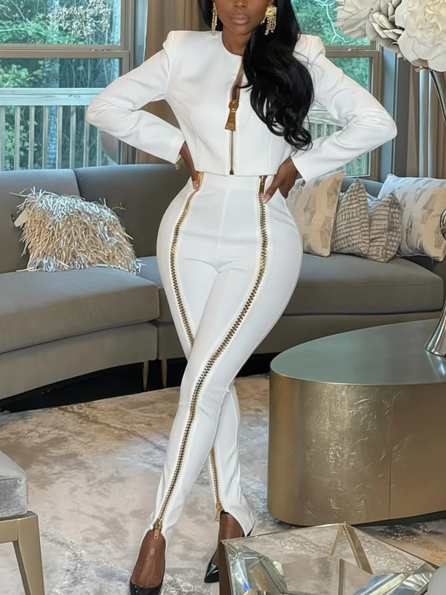 Zipper Patch Shoulder Pad Jacket Skinny Pants 2pcs Set