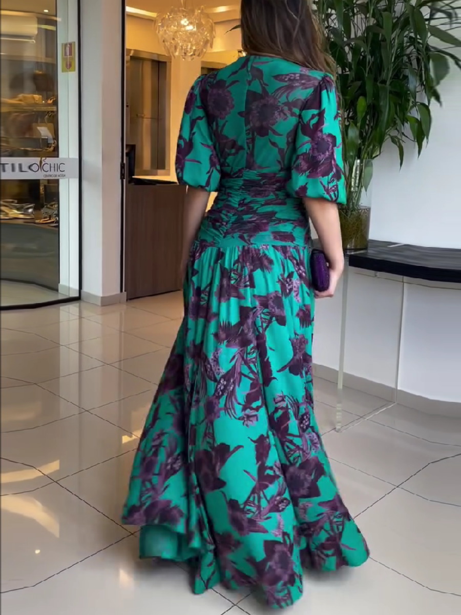 Elegant Floral Print V-Neck Maxi Dress