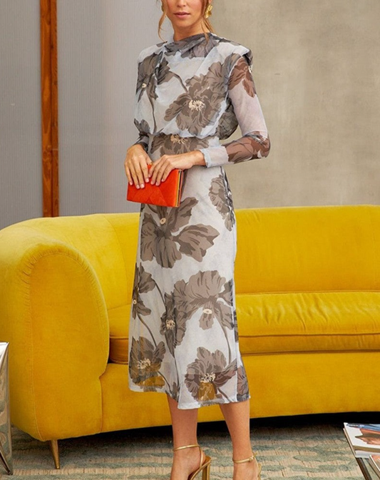 Vintage Long Sleeve Print Midi Dress