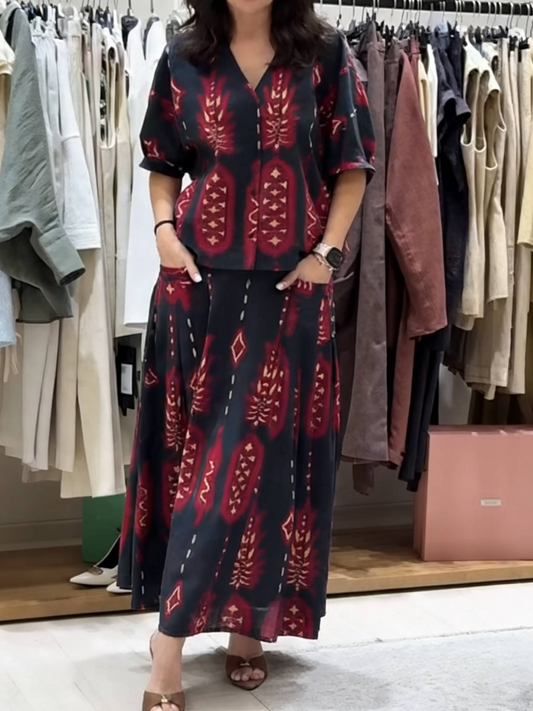 Black and Red Ethnic-inspired Print Two Piece Dress