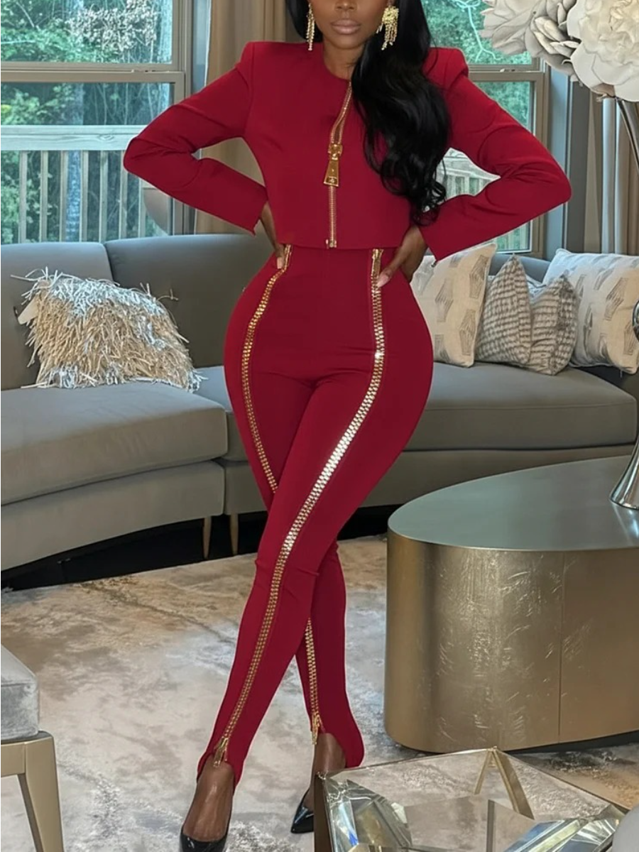 Zipper Patch Shoulder Pad Jacket Skinny Pants 2pcs Set