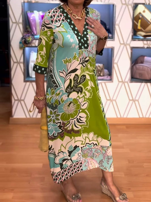 Fresh Printed 3/4 Sleeve V-Neck Dress