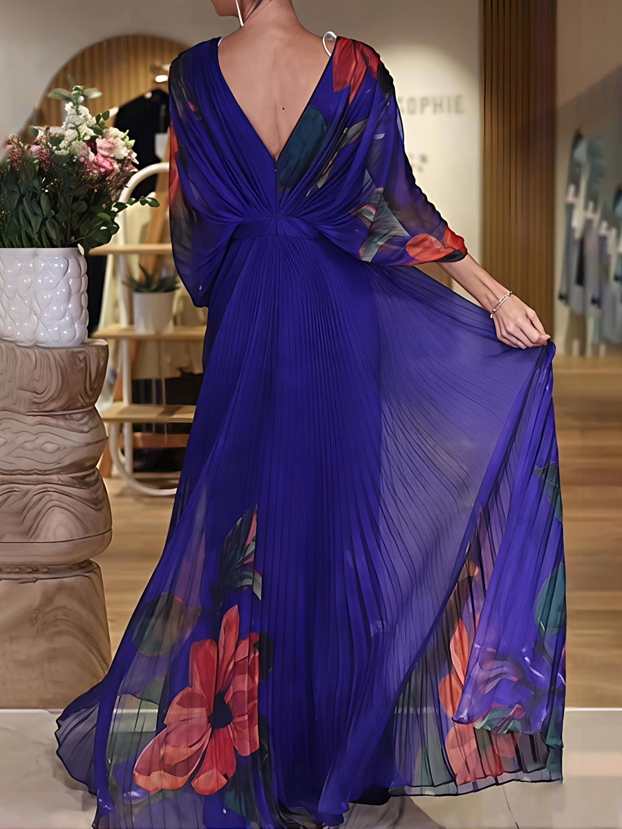 Elegant Floral Printed Pleated Maxi Dress