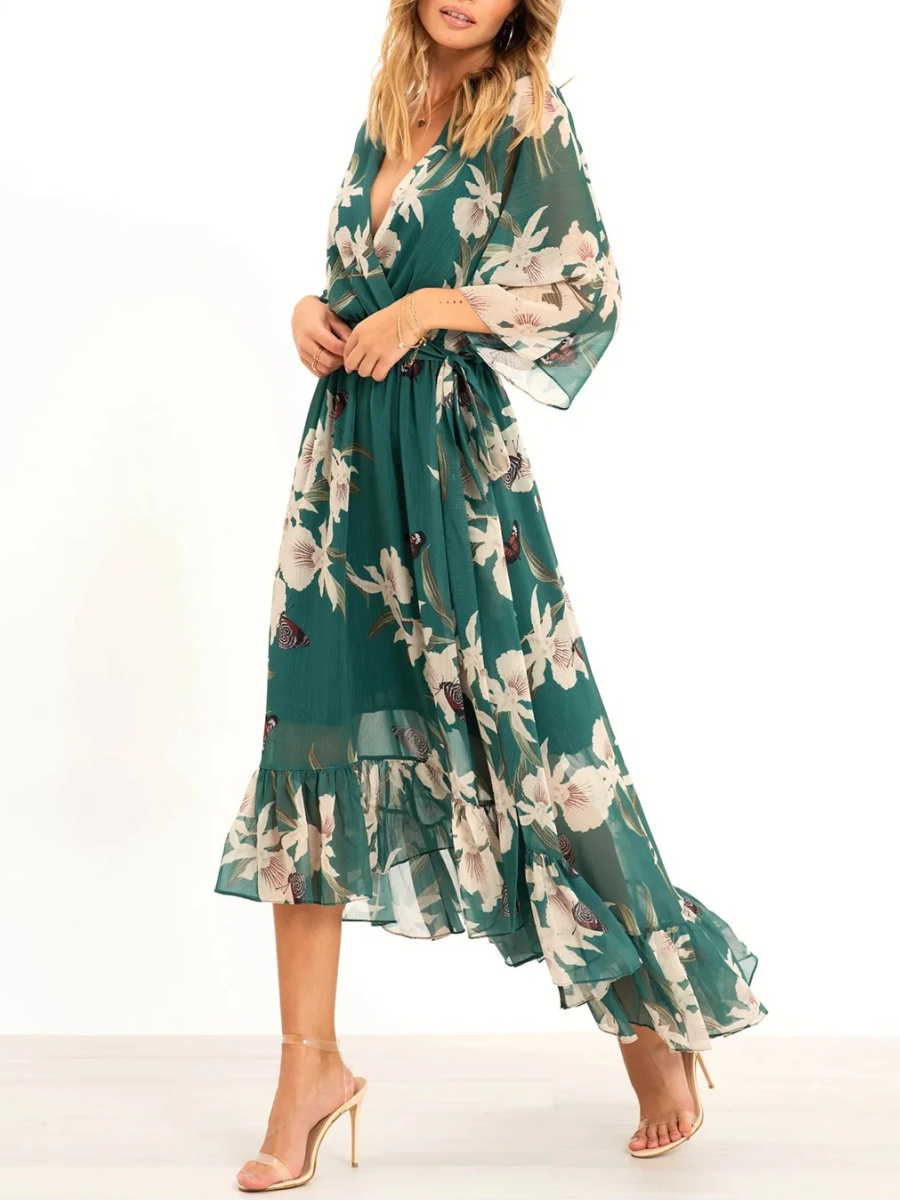 Chiffon Floral Print Wrap Ruffle Maxi Dress