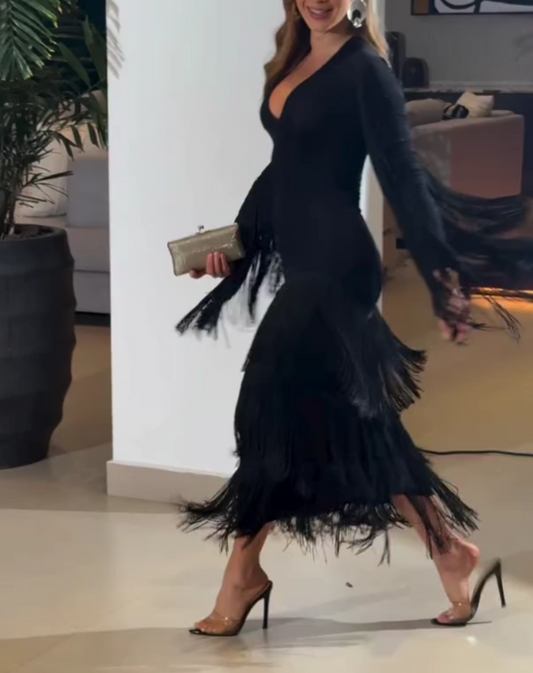 Black Shimmering Tassel Midi Dress