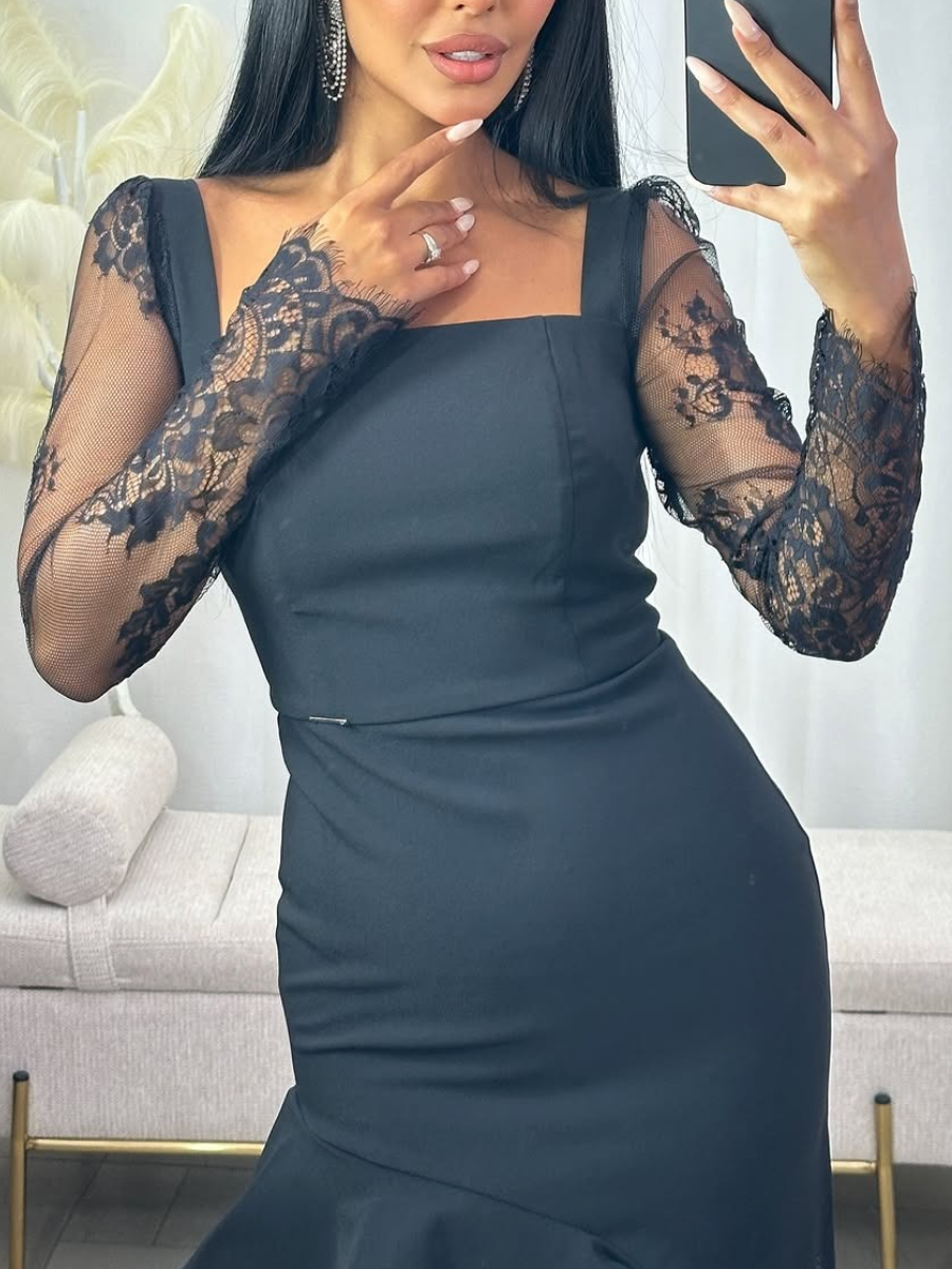 Elegant Square Collar Splicing Lace Irregular Dress
