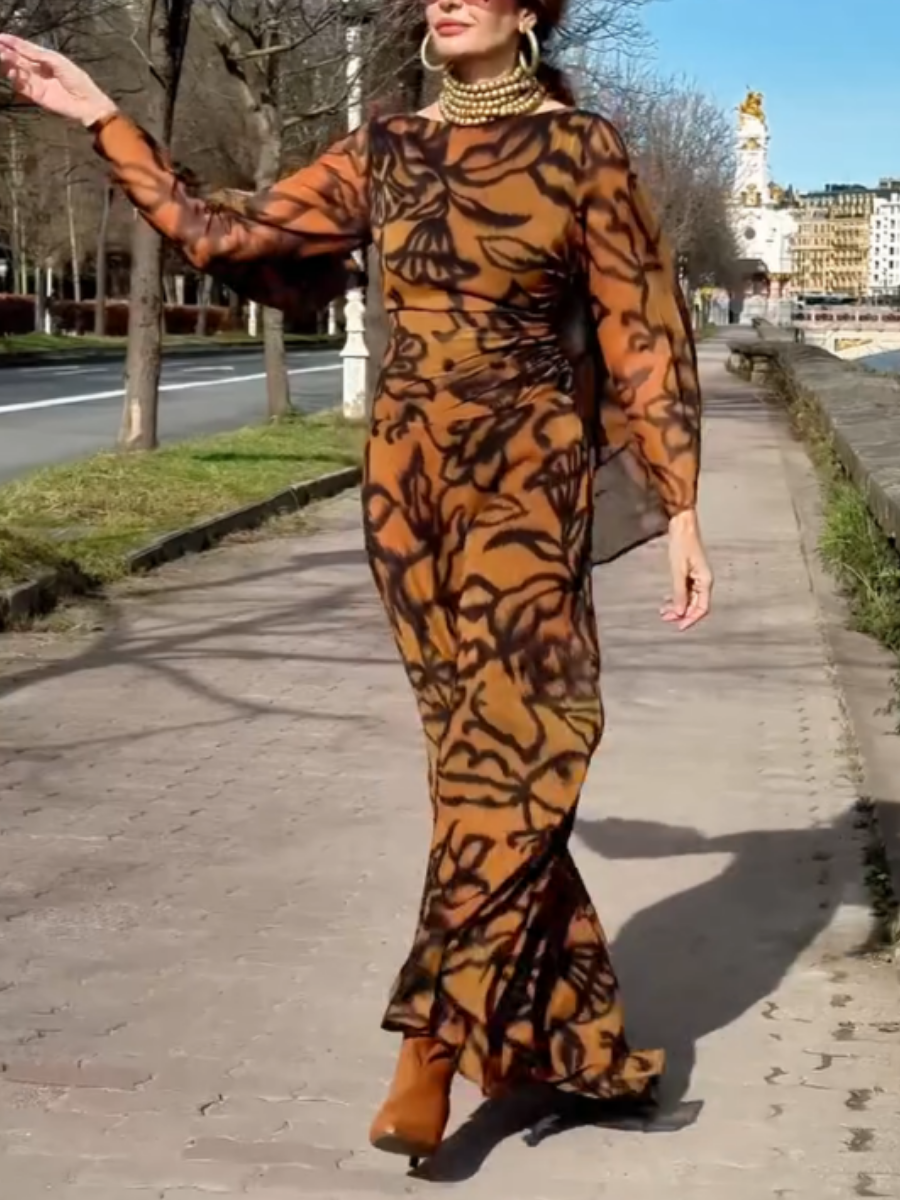 Elegant Wide Sleeve Printed Maxi Dress