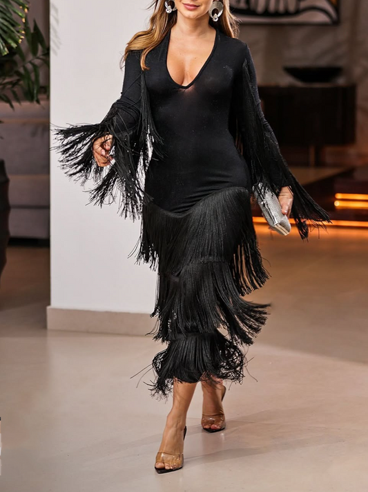 Black Shimmering Tassel Midi Dress