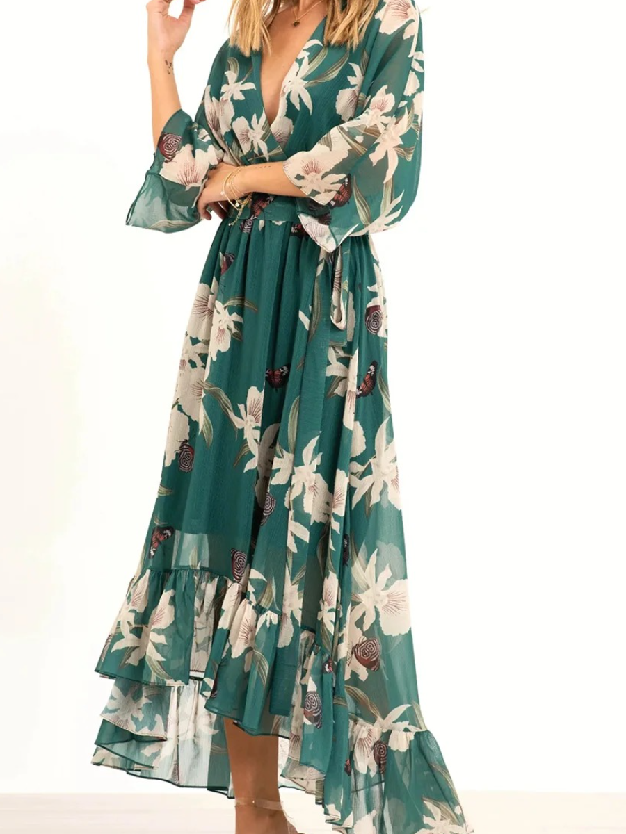 Chiffon Floral Print Wrap Ruffle Maxi Dress