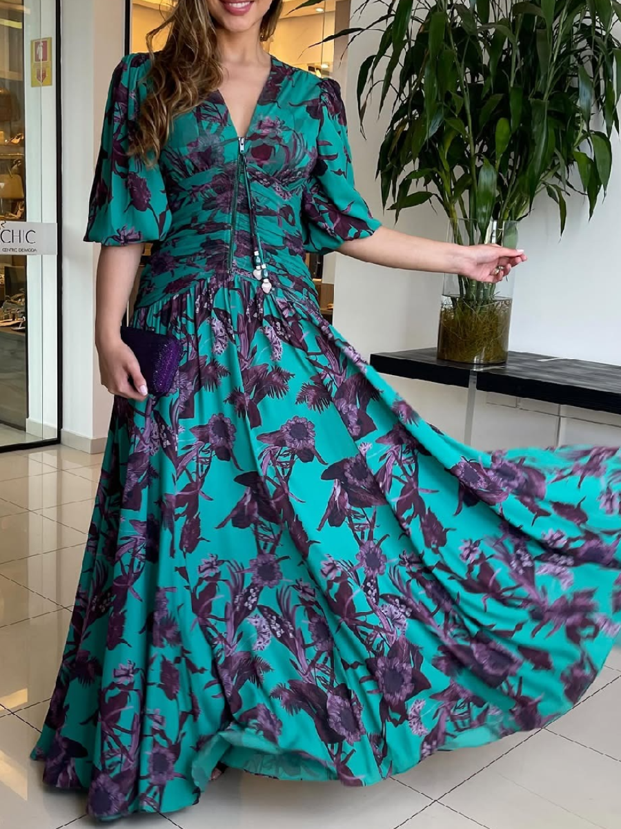 Elegant Floral Print V-Neck Maxi Dress