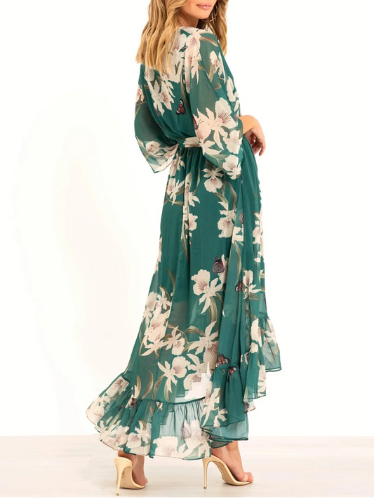 Chiffon Floral Print Wrap Ruffle Maxi Dress