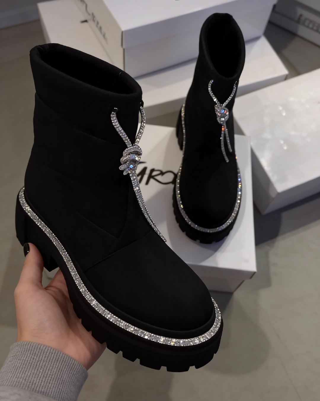 Black Sparkling Lace-up Ankle Boots