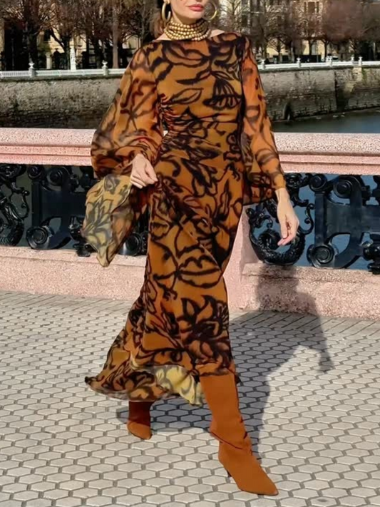 Elegant Wide Sleeve Printed Maxi Dress