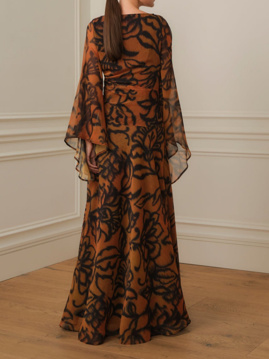 Elegant Wide Sleeve Printed Maxi Dress