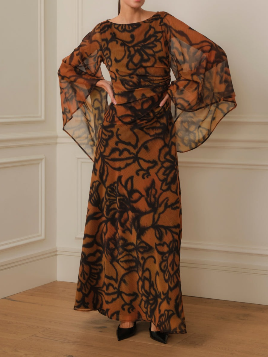 Elegant Wide Sleeve Printed Maxi Dress