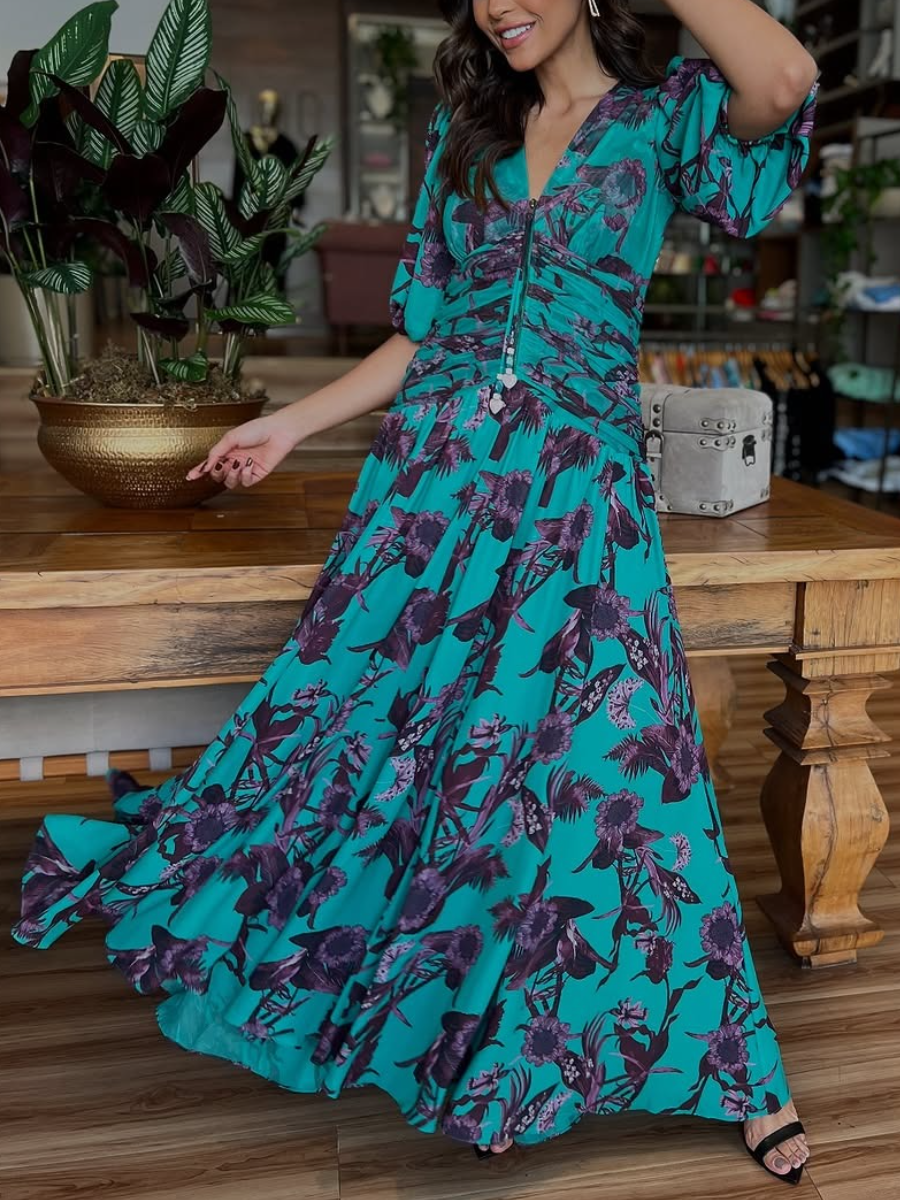 Elegant Floral Print V-Neck Maxi Dress