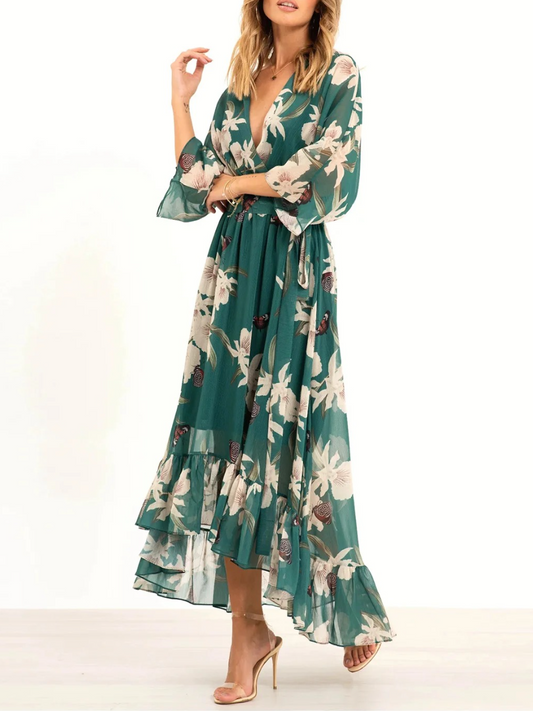 Chiffon Floral Print Wrap Ruffle Maxi Dress